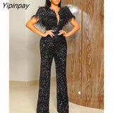 Yipinpay Sequins Feather Women Jumpsuits Chic Off Shoulder Deep V Neck Party Club Rompers Lady Vintage Slim Shiny Evening Overalls