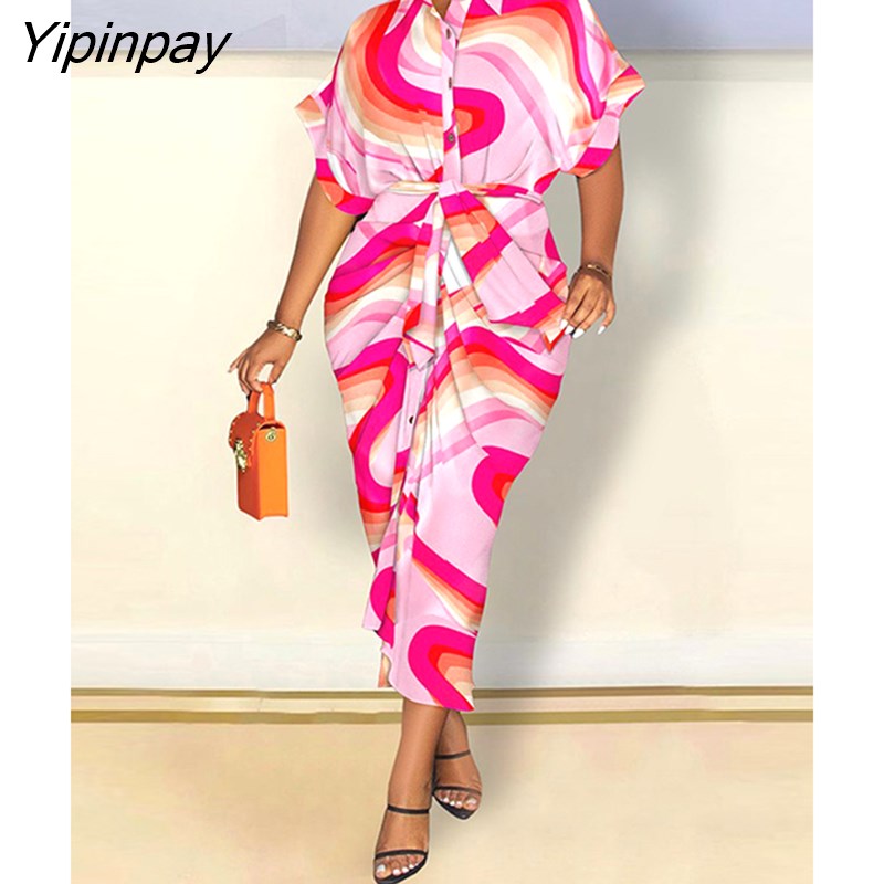 Yipinpay Women's Satin Printed Slim Maxi Dress Summer Casual Button Lace Up Short Sleeve Dress Elegant Fashion Office Lady Dresses
