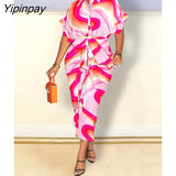 Yipinpay Women's Satin Printed Slim Maxi Dress Summer Casual Button Lace Up Short Sleeve Dress Elegant Fashion Office Lady Dresses