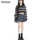 Yipinpay 2023 Winter Y2K Frayed Striped Polo Sweaters Women Sexy Turn Down Collar Long Sleeve Ladies Crop Tops Pullovers Clothing