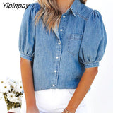 Yipinpay Lantern Sleeve Denim Shirt Women Button Up Cardigan Top With Pockets Streetwear Turndown Collar Sexy Tops And Blouses