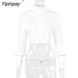 Yipinpay 2023 Spring Vintage Long Sleeve Women White Shirt Sexy Stand Neck Button Up Woman Crop Tops Blouse Party Female Clothing