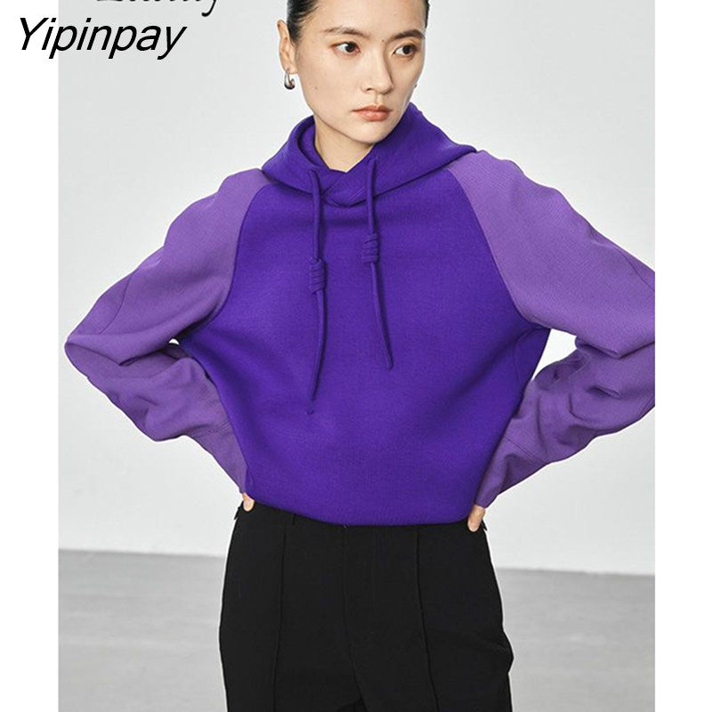 Yipinpay 2023 Winter Korean Style Patchwork Women Hoodies Minimalist O Neck Long Sleeve Ladies Sweatshirt Autumn Female Clothing