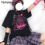 Yipinpay Loose Oversize T Shirt Anime cartoon Print Short Sleeve Shirt Women Black Streetwear vintage clothing dropshipping tops