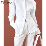 Yipinpay 2023 Spring New Long Sleeve Backless Women White Shirt Office Lady Long Sleeve Button Slim Woman Blouse Work Female Tops