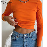 Yipinpay Black White Knit T Shirt Women Ribbed Crop Top Long Sleeve O Neck Basic Tees Short Tshirt Streetwear Sexy Bodycon Tops