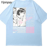 Yipinpay T-Shirt Streetwear Hip Hop Anime Girl Smoking Letter Print Harajuku Cotton Summer Short Sleeve Tops Tees Goth Clothing