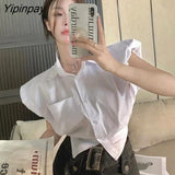 Yipinpay 2023 Summer Y2K Flying Sleeve White Shirt Women Street Style Button Up Ladies Crop Tops Party Female Blouse Clothing