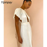 Yipinpay Hollow Out Pleated Dress For Women Fashion Flare Sleeve Backless A Line Dresses Spring O Neck Office Lady Solid Robe
