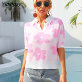 Yipinpay Summer Floral Print Knit T Shirts Loose Top Women Pullovers 2023 New In Knitwears Basic Tees Streetwear Tshirt Sexy Tops