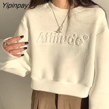 Yipinpay 2023 Autumn Korean Style Letter 3D Decoration Sweatshirt Women Minimalist O Neck Long Sleeve Crop Tops Hoodies Clothing