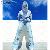 Yipinpay Womens Y2k Fashion Hoodie Skull Rhinestone Zip Up Hoodie grunge Women's Oversized Sweatshirt Punk Harajuku Long Sleeve Outerwear