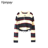 Yipinpay 2023 Winter Y2K Frayed Striped Polo Sweaters Women Sexy Turn Down Collar Long Sleeve Ladies Crop Tops Pullovers Clothing