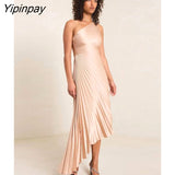 Yipinpay Solid Irregular Pleated Bodycon Dress For Women Sexy Sleeveless Satin Dress 2023 Summer Female Chic Party Robe Vestidos