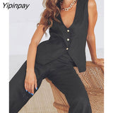 Yipinpay V Neck Sleeveless Vest And Solid Stain Trouser Two Pieces Set Female High Waist Pants Suits 2023 Summer Commuter Outfits