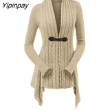 Yipinpay Knit Asymmetrical Long Cardigan Women Sweater Female Casual Solid V-Neck Long Sleeve Winter Cardigans