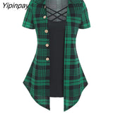 Yipinpay Plaid Print Mock Button Casual Faux Twinset T Shirt Combo Women 2 in 1 Tee Twofer Summer High Waist Fashion T-Shirts