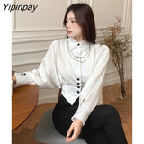 Yipinpay French Style Long Batwing Sleeve Women White Shirt Elegant Necklace Button Slim Ladies Blouse 2023 Summer Female Crop Top