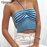 Yipinpay Women Knitted Striped Halter Camis Sexy Bodycon Short Tank Summer Sleeveless Drawstring Ruched Knit Basic Vest Crop Tops