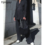 Yipinpay Shirt Suits Pleated Notched Single-Breasted Female Cardigan Two-Piece Loose Shirts and High-Waist Wide-Leg Pants Sets