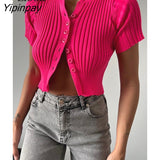 Yipinpay Women Knit Ribbed Crop Tops Sexy Button Up T Shirt 2023 New Summer Black White Cardigan Knitwear Basic Short Tees Bodycon Tops