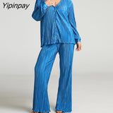 Yipinpay Pleated Printed Suit Women Long Sleeve V Neck Blouse And High Waist Pants Two Piece Sets Female Elegant Trousers Outfits