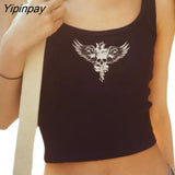 Yipinpay Graphic skull Print T-Shirt Women Streetwear Round Neck Short Sleeve Slim Cotton Crop Tops Tops Femme Summer Casual Y2K