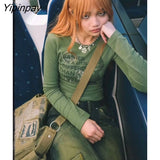 Yipinpay Women T-Shirt Graphic Y2k Long Sleeve Crop Tops Tees Summer Grunge Korean Fashion Streetwear Harajuku Pullover Vintage Clothing