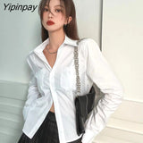 Yipinpay Spring Casual Long Sleeve Slim Women White Shirt Korea Style Pockets Button Up Short Blouse 2023 New In Female Clothing