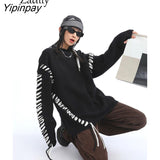 Yipinpay 2023 Winter Korean Style Long Sleeve Black Knit Sweater Women Streetwear O Neck Bandage Ladies Pullover Female Clothing