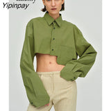 Yipinpay Spring New In Streetwear Long Sleeve White Shirt Women Y2K Button Up Pocket Crop Tops Woman Blouse 2023 Party Clothing