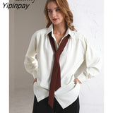 Yipinpay 2023 Spring Minimalist Oversize Long Sleeve Tie Shirt Women New In Loose Button Up Solid Ladies Tunic Blouse Female Tops