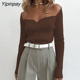 Yipinpay Sexy Knit T Shirt Women Ribbed Top Autumn Long Sleeve Square Collar Basic Tees Bodycon Tshirt Streetwear Black White Tops