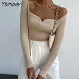 Yipinpay Sexy Knit T Shirt Women Ribbed Top Autumn Long Sleeve Square Collar Basic Tees Bodycon Tshirt Streetwear Black White Tops