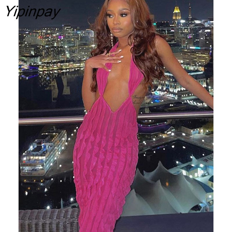 Yipinpay Halter Low Cut Backless Maxi Dress For Women Sleeveless Pleated Slim Dresses 2023 Summer Beach Harajuku Lolita Y2K Vestidos