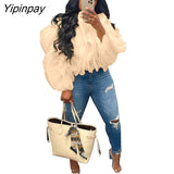 Yipinpay Women Elegant Ruffled Layered Puff Sleeve Top 2023 Summer Female Solid Petal Chiffon Long Sleeve Cropped Blouse Streetwear