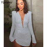 Yipinpay Sequin Pleats Shoulder Pads Women Dress Sexy Long Sleeve Low Cut Mini Dresses Ladies Autumn Evening Party Club Robe
