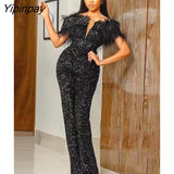 Yipinpay Sequins Feather Women Jumpsuits Chic Off Shoulder Deep V Neck Party Club Rompers Lady Vintage Slim Shiny Evening Overalls