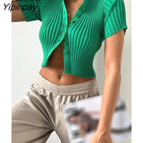 Yipinpay Women Knit Ribbed Crop Tops Sexy Button Up T Shirt 2023 New Summer Black White Cardigan Knitwear Basic Short Tees Bodycon Tops