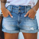 Yipinpay Button Up Cuffed Stretch Sexy Hole Jean Shorts High Waist Skinny Streetwear 2023 Summer Woman Trendy Ripped Denim Shorts