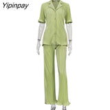 Yipinpay Sleeve Shirts Two Piece Set Women Fashion High Waist Green Trouser Suits 2023 Summer Female Casual Pleated Pants Set