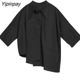 Yipinpay 2023 Summer New Half Sleeve Oversize Gothic Shirt Women Y2K Asymmetrical Black Button Ladies Blouse Street Clothing Tops