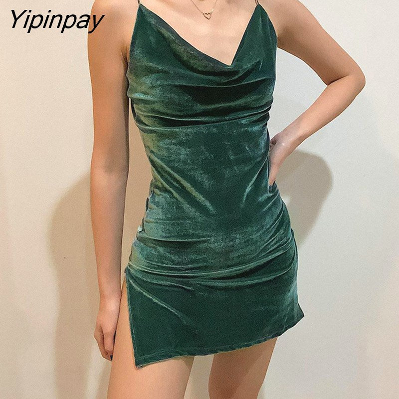 Yipinpay Beach Vintag High Quality Female Clothing Women's Dress Midi Party Sexy Sling Suede Split Graceful Solid color Sleeveless