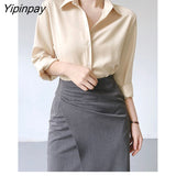 Yipinpay 2023 Summer New Office Lady Long Sleeve Silk Basic Shirt Women Button Up Solid Blouse Fashion Work Female Clothing Tops