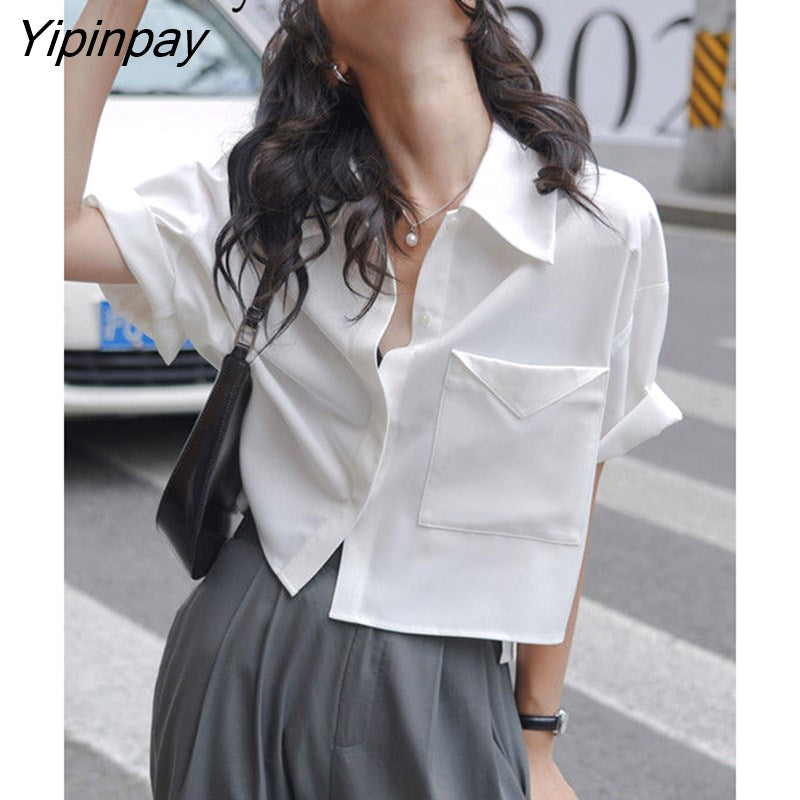 Yipinpay 2023 Summer Short Sleeve Pocket White Shirt Women Minimalist Style Button Up Crop Tops Blouse Casual Female Clothing
