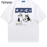 Yipinpay Men Tshirt Oversized Drinking Cat Anime Cotton Print Streetwear Graphic Short Sleeve Korean Fashion Top Harajuku Summer Clothing