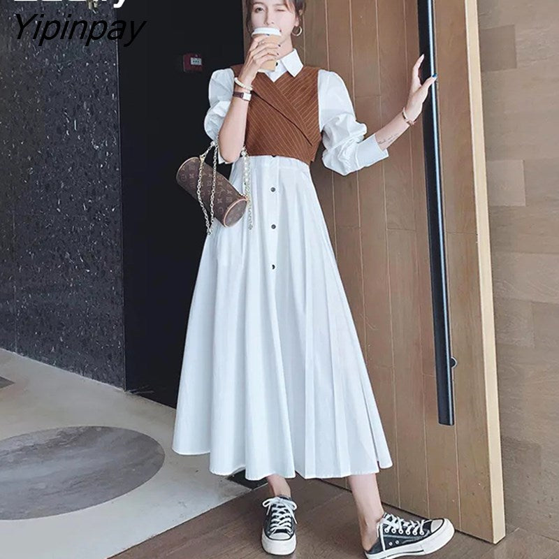 Yipinpay Spring Office Lady Two-piece suit Work Maxi Dress Women Long Sleeve Stripe Button Up Shirt Dresses Free Shipping Vestidos
