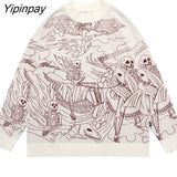 Yipinpay Knitted Sweater Harajuku Ukiyo-e Style Skull Graffiti Pullover 2023 Autumn Streetwear Sweater Men Women Cotton Knitwear