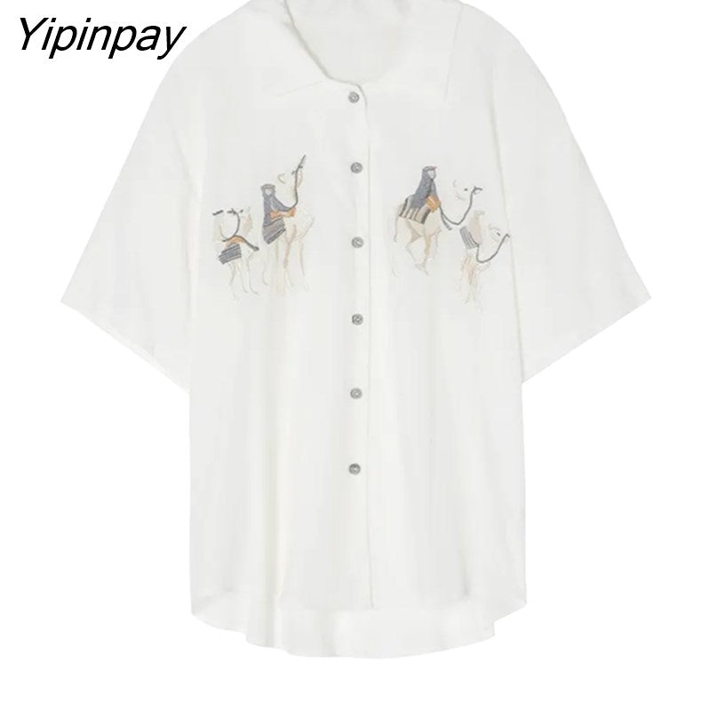Yipinpay 2023 Summer Vintage Short Sleeve White Shirt Women Embroidery Button Up Ladies Blouse Casual Fashion Female Clothing Tops
