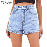 Yipinpay Blue Distressed Ripped Denim Shorts Women Bottoms Streetwear With Pockets Summer Washed High Waist Sexy Hole Jean Shorts